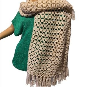 Vintage OPEN SHELL Cream & Gold Lame Crocheted Scarf Wrap Shawl L